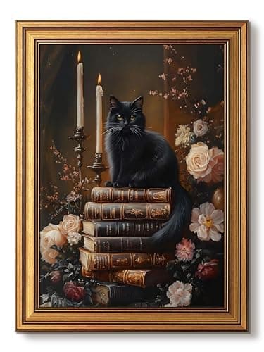 Gold Framed Wall Art, Black Cat Book Pictures Wall Decor, 12x16 Inch