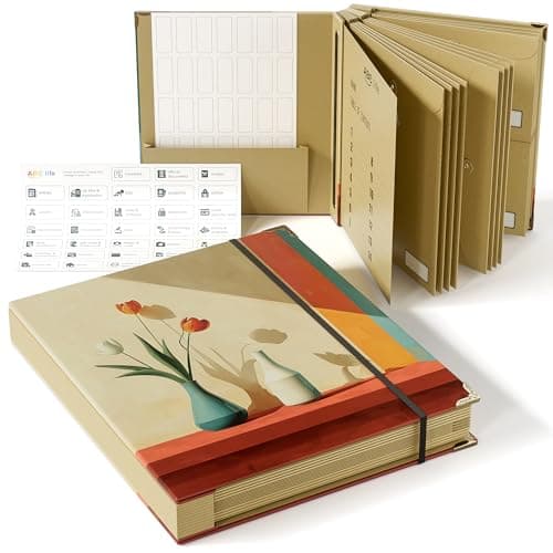 ABC life Important Document Organizer, Expanding File for Important Papers, Passports, Birth Certificates, Passports, Photos and Letters, Spine-Free Design with Elastic Closure - Oil-Painted Vase