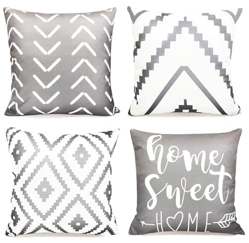 RYSMIYOU Decorative Throw Pillow Covers 16x16 inch Set of 4 Gray Pillow Covers for Couch Sofa Bed Living Room,Farmhouse Outdoor Throw Pillow Cover,Modern Geometric Linen Square Throw Pillow Case,Grey
