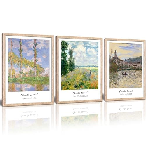 Vintage Claude Monet Canvas Wall Art, Framed Impressionism Landscape Paintings Office Decor, Minimalist Classic Botanical Poster Prints Home Decoration for Bedroom Living Room - 12"x16"x3 Piece