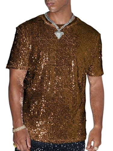OYOANGLE Men's Sparkly Sequin Shirt Crew Neck Short Sleeve Shiny Tee Tops Nightclub Glitter T- Shirts Bronze Large