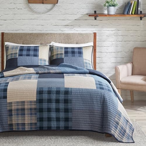 Woolrich Winter Hills Reversible Quilt Set - Cottage Styling Reversed to Solid Color, All Season Lightweight Coverlet, Cozy Bedding Layer, Matching Shams, Oversized Full/Queen, Plaid Blue 3 Piece