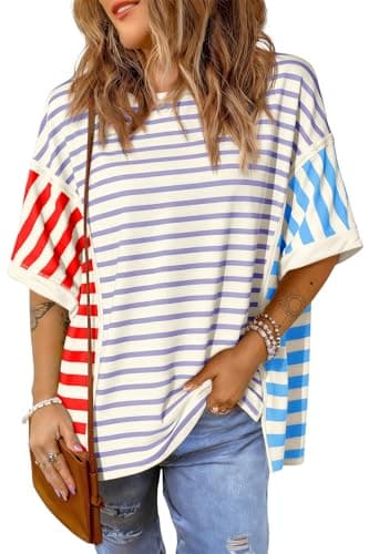 Tankaneo Womens Oversized Striped T-Shirts Color Block Short Sleeve Tee Tops Summer Casual High Low Hem Shirts Purple