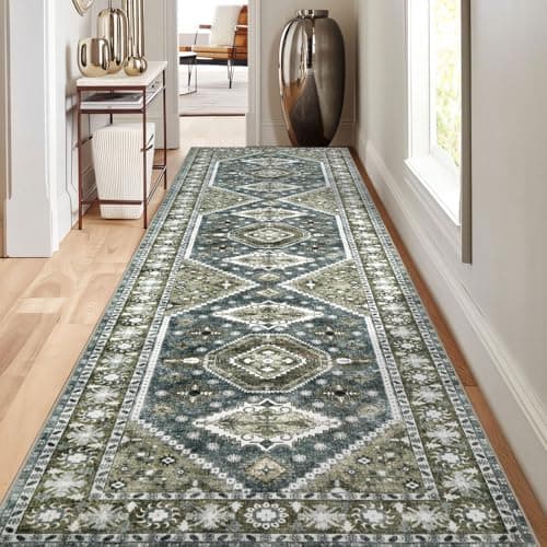 Rofee Living Boho Washable Hallway Runner Rug Kitchen Runner 2'6"x8' Olive Green and Blue Soft Vintage Non-Slip for Laundry Room Entrance