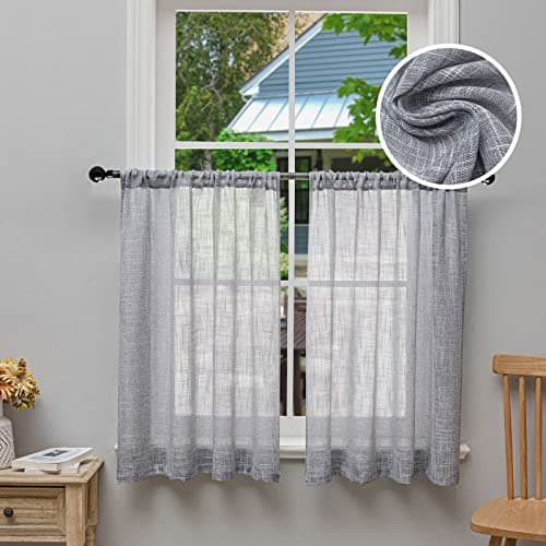 Beda Home Linen Textured Curtain Panels for Kitchen Living Room; Light Filtering Rustic Short Panels for Small Windows Bedroom/Bathroom/Basement Privacy Added Rod Pocket Design (Grey, 36x36-2PCs)