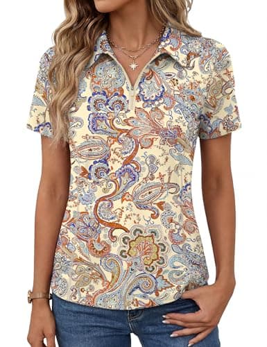 LOMON Women Quick Dry Polo Shirts UPF 50+ Golf Shirt V Neck Short Sleeve Shirt Sun Protection Collared Shirt for Sports (Apricot Paisley XXL)