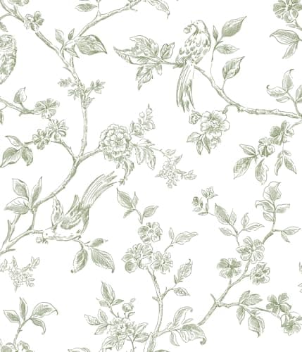 Orainege Vintage Floral Wallpaper Peel and Stick Wallpaper 16.9in×118.1in Green and White Floral Contact Paper Flowers Birds Self Adhesive Decorative Wall Paper for Bathroom Bedroom Cabinets Removable