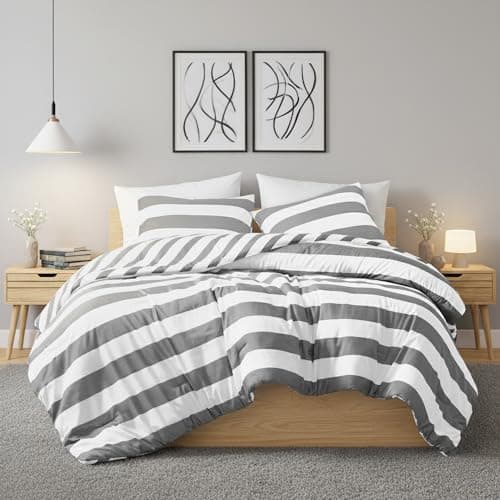 Regency Heights Reversible Striped Queen Comforter Set, Soft Microfiber Bedding Set with Double-Sided Stripes Design, Warm & Cozy for All-Seasons, 3-Piece Comforter and Shams Set Queen Size, Charcoal