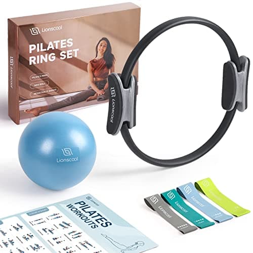 LIONSCOOL Pilates Ring Set (Black) - 14" Anti-Deformation Magic Circle with Padded Handles, 9" Mini Ball, Elastic Latex Resistance Bands, Guide & Bag