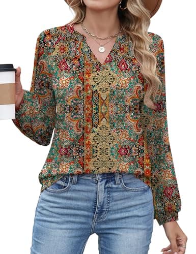 AKEWEI Womens Long Sleeve Tops V-Neck Blouse Cute Boho Floral Raglan Tunics Early Fall Fashion Boho Print XL