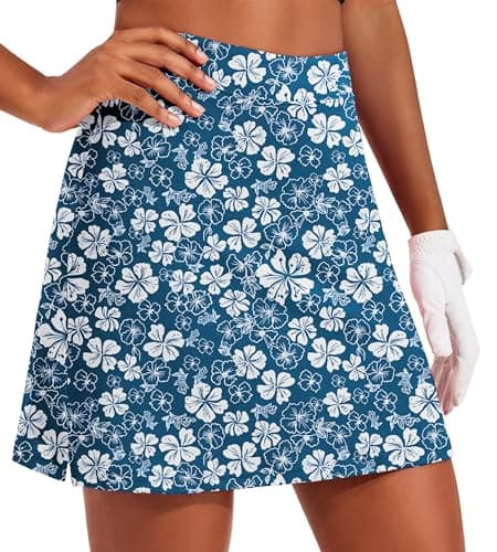 Ekouaer Skort Golf Skirts for Women Tennis Athletic Skirt Inner Shorts Pocket Floral Running Workout Sports Skorts Silicone Grippers,Teal Pattern XXL