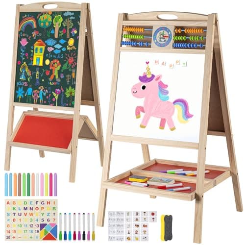 Kids Wooden Easel with Abacus, Double Sided Magnetic Drawing Board Dry Erase Whiteboard & Chalkboard, Foldable Easel for Toddlers 2-4 Years Painting Easel Kids 3-6