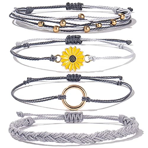 FANCY SHINY Sunflower String Bracelet Boho Braided Rope Wrap Bracelets Cute Summer Beach Surfer Jewelry for Women(Gray)