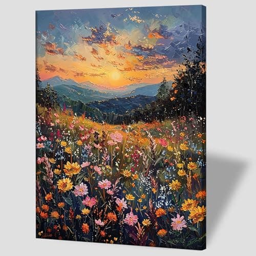 Framed Sunset Wildflower Field Canvas Wall Art Floral Landscape Painting for Living Room Gallery Style Nature Poster Print Botanical Picture Painting Artwork 12x16 Inch Ready to Hang
