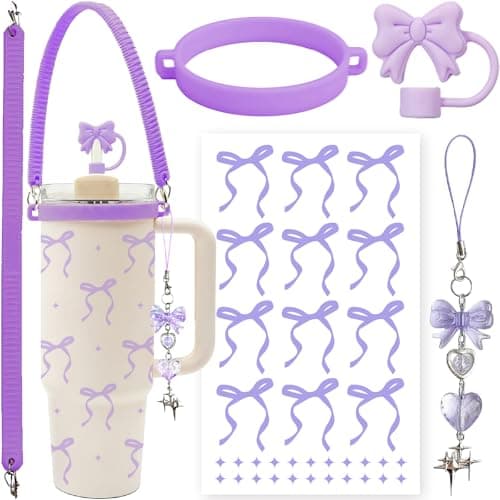 Stanley Cup Accessories Set for 40 oz 30 oz Tumbler, Water Bottle Handle Strap, Silicone Straw Toppers Cover, Charm, Original Bow Stickers, Cute Birthday Gifts for Women Her Mom Daughter (Lavender)