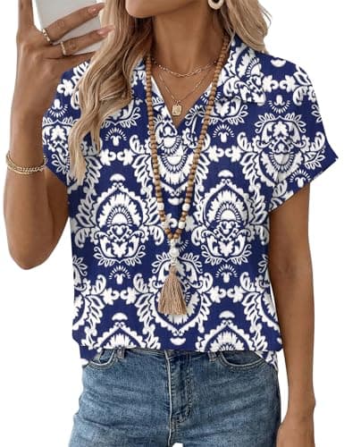 LOMON Womens Tops Casual Women Blouses Professional Linen Clothes Plus Size Blouse Women's V Neck T Shirts Fashion Tops Blue Print XXL