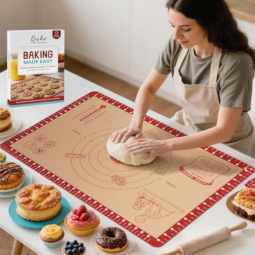 Silicone Baking Mat with 10 Recipes, Extra Thick Silicone Mats for Baking, Non Stick Pastry Mat for Rolling Dough, Silicone Macaron Baking Mat for Cookie,Bread,Pizza,Fondant Mat, Oven&Dishwasher Safe