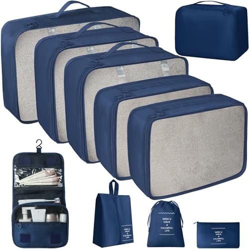 10 Pcs Set Packing Cubes For Travel Expandable Packing Organizers Luggage Organizers Bags Essentials Packing Cubes For Suitcases Travel Accessories (DARK BLUE)
