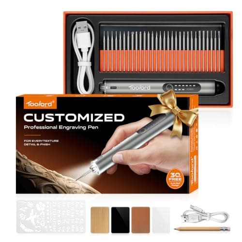 ABITAKE Engraving Pen with LED Light,HollowCup Motor,Cordless USB Rechargeable Rotary Tool for Metal,Wood,Glass and Plastic,DIY Engraving Kit with 30 Bits,Silver