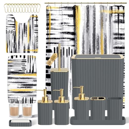 InnJoey Bathroom Set - Bathroom Accessory Set, Grey Bathroom Set, 26PC Bathroom Sets with Shower Curtain and Rugs, Toilet Brush, Trash Can, Qtip Holder & Bathroom Soap Dispenser Set
