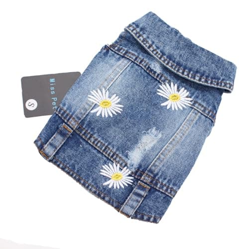 MISS PET Pet Clothes Vintage Denim Dog Jacket with Daisy Embroidery - Puppy Stylish Pet Coat for Chihuahua, Yorkie Small Breeds - All-Season Comfort (Blue,X-Small)