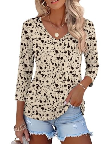 LOMON Womens 3/4 Length Sleeve Tops Dressy Casual Blouses V Neck Shirts Casual Work Blouses 2026 Spring Apricot Black Floral S