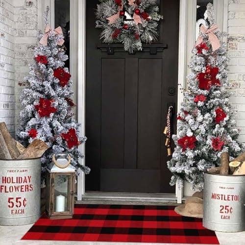 Christmas Plaid Outdoor Rug, 2' x 4'3'' Red & Black Check Indoor/Outdoor Area Rug, Layering Rug for Hello/Welcome Door Mat, Machine Washable Cotton Woven Rug for Farmhouse Front Porch, Entryway