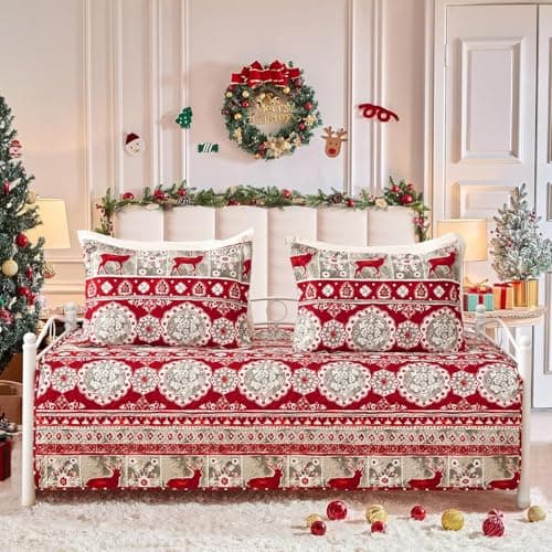 Hailea Christmas Daybed Cover Double Sided Quilting Xmas Lodge Cabin Daybed Sets Bedding with 2 Pillow Shams Red Grey Elk Snowflake Holiday Xmas Bedspread Coverlet for All Season,39"x75"