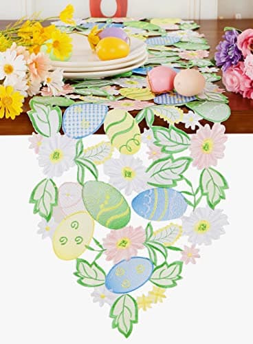 Easter Table Runner Spring Bunnies Eggs Flowery Table Runner Cutwork Embroidered Floral and Bunnies Eggs Dresser Scarf Table Topper Home Kitchen Dining Tabletop Decoration (Runner 13"×54", Egg-3)