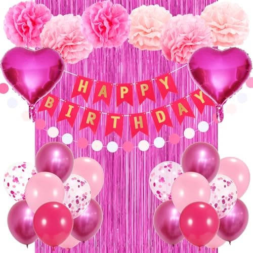 Pink Birthday Party Decorations for Girls Women with Happy Birthday Banner,Fringe Curtain,Foil Balloons,Latex Balloons Party Decor Pom Pom Flower,Ribbons,Hot Pink Decoration Set