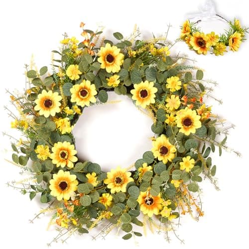 26" Sunflower Wreaths Front Door Artificial Seasonal Wreath - Artificial Wreath with A Headband & DIY Decor for Farmhouse, Home, Holiday, Hanging Decor- Spring, Summer, Fall, All Seasons (Yellow)