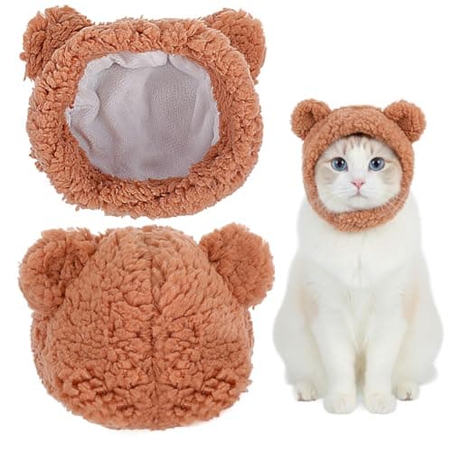 Soft Bear Cat Hat with Ear Protection, Cute Warm Dog Winter Hats Adjustable Costume Cap Pet Headwear for Cats and Small Dogs Halloween Birthday Photoshoot Cosplay Dress up Apparel & Cold Weather Wear