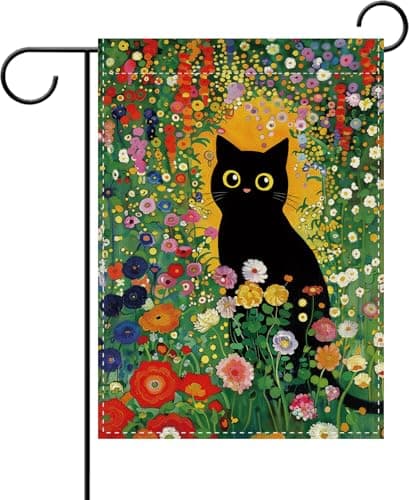 Dyrenson Spring Summer Black Cat Floral Decorative Garden Flag, Colorful Flower Yard Outside Home Decoration Pet Cat Owner Lover Gift, Farmhouse Burlap Outdoor Small Decor Double Sided 12 x 18