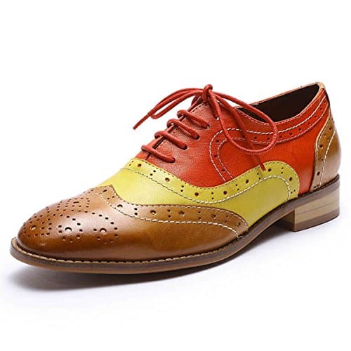 Mona flying Women's Leather Perforated Lace-up Oxfords Brogue Wingtip Derby Shoes for Ladies