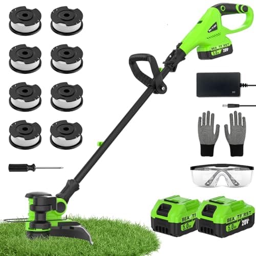 12" Cordless Weed Wacker String Trimmer, 20V Battery Powered Grass Trimmer & Edger 2-in-1, Electric Weed Wacker with 2×5.0Ah Batteries and 8 Pcs Spools, Lightweight Edger Lawn Tool for Yard & Garden