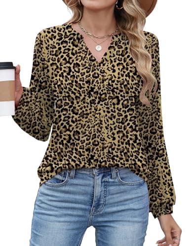 AKEWEI Business Casual Tops for Women Long Sleeve Puff Shirts V Neck Blouses Fall Clothes Leopard M