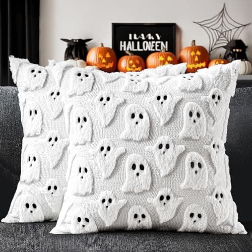 MIULEE Halloween Pillow Covers Cute Ghost Spooky Fall Throw Pillows Set of 2 Soft Plush Faux Fur Decorative Cushion Covers for Couch Sofa Bed Porch Living Room Halloween Decor 18x18 inch White