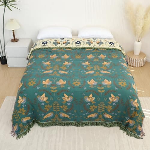 Shesyuki Boho Throw Blanket for Bed - 100% Pure Cotton Ultra Soft Rustic Quilt - Farmhouse Decor Bed Blankets, All Season Rustic Throw for Sofa Couch Chair(60"×80", Bird A)