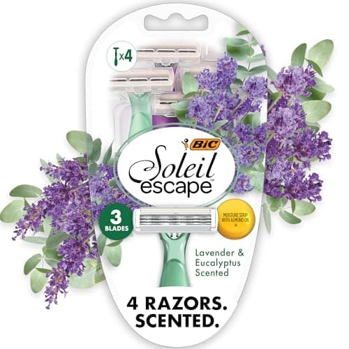 BIC Soleil 3 Escape Scented Women's Disposable Razors, 3 Blades, Comfortable Shave, Lavender & Eucalyptus Scented Handle Shaving Razors for Women, 4 Count