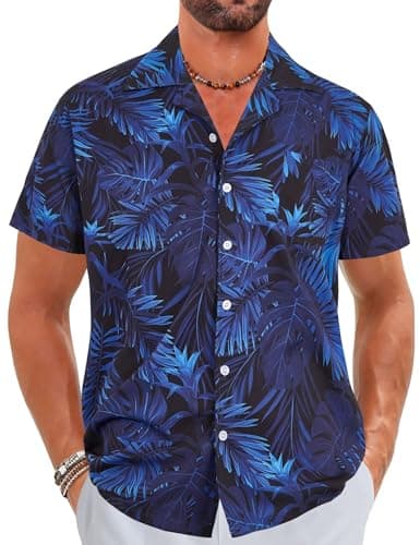 ELETOP Men's Hawaiian Shirt Short Sleeve Button Down Casual Tropical Aloha Beach Shirts Dark Blue F200 L