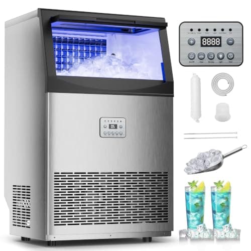 Commercial Ice Maker,110lbs/24H,36 Cubes in 14 Mins,Stainless Steel Ice Machine with 33lbs Storage Capacity,Self-Cleaning,Water Filter,Under Counter/Freestanding Ice Maker for Restaurant,Cafe,Home