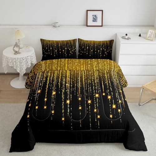 Feelyou Abstract Ombre Comforter Set Yellow Black Teens Bedding Set for Boys Girls Women Kids Modern Geometric Comforter Glitter Galaxy Stars Decor Quilt Set Bedroom Collection 2Pcs Twin Size