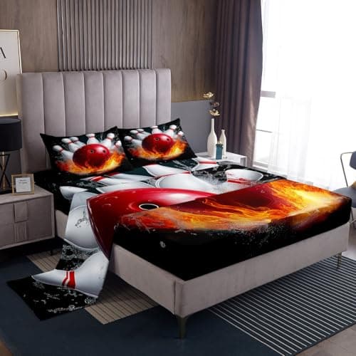 Erosebridal Bowling Party Sheet Set for Kids Boys Girls,Bowling Ball Bed Sheets Full Size,Water and Fire Frame Bedding Set Bedroom Decor,Sports Ball Game Fitted Sheet + Top Sheet + 2 Pillowcases