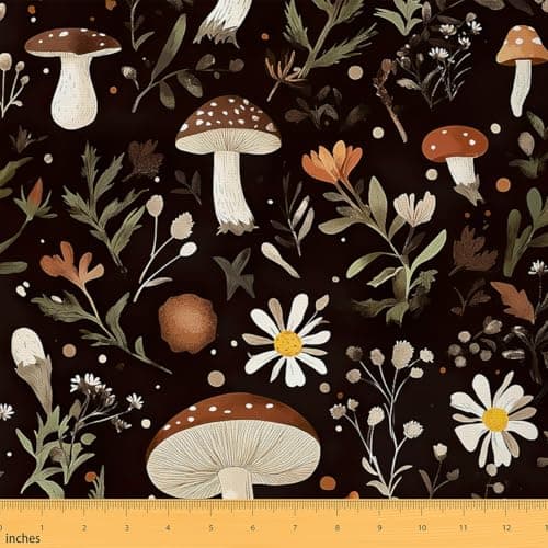 Feelyou Cute Mushroom Decor Fabric By The Yard, Botanical Floral Flowers Upholstery Fabric for Chairs, Kawaii Fungus Decorative Soft Flannel, 1 Yard,White Orange Black