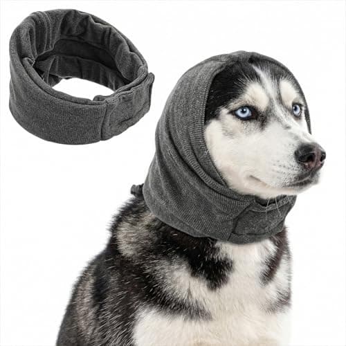 Dog Ear Muffs, Adjustable Dog Ear Cover, Breathable Dogs Ears Muffs wtih Paste Buckle Dogs Calming Hoodie for Anxiety Relief Noise Reduation Thunder Lightning Fireworks Grooming Blow Drying(Grey L)