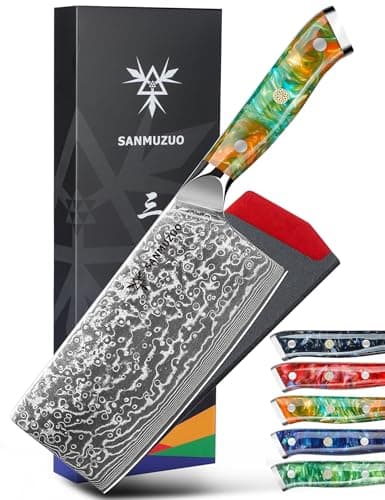 SANMUZUO Chinese Chef Knife - 7" Cleaver Knife- Xuan Series - VG10 Damascus Steel Kitchen Knife - Resin Handle (Fantasy Orange)