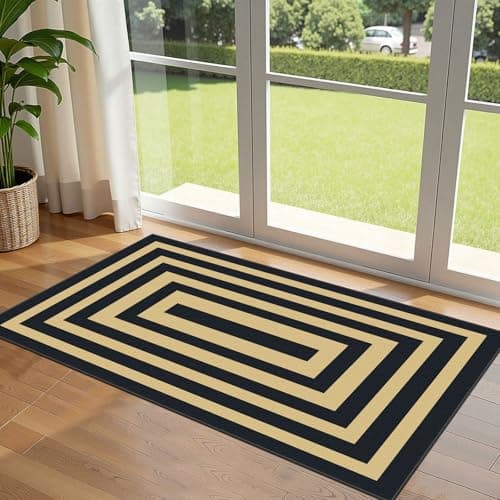 Othilic Front Door Mat Indoor Entrance - 2x4.3 Ft Modern Washable Layered Doormat Outdoor Entrance Porch Rug Non-Slip Black Tan Geometric Border Runner Rug for Kitchen Bedroom Laundry Room Porch Decor