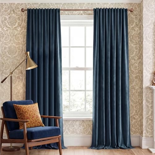 NICETOWN Velvet Stone Blue Blackout Curtains 96 inches Long, Rod Pocket & Back Tab Thermal Drapes Luxury Room Darkening Window Treatments for Bedroom, W52 x L96, 2 Panels
