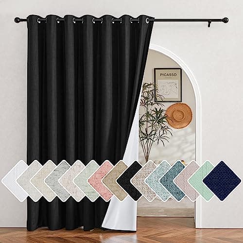 NICETOWN Vintage Open Linen Weave Flax Thermal Curtains, 100% Blackout Curtains 84 inches Long for Dining Room, Soundproof Window Treatment Drapes for Hall Room, Black, 100" Wide Per Panel