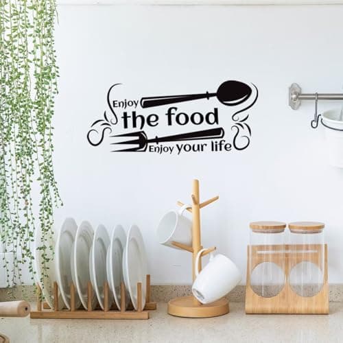 Kitchen Wall Stickers Decor Self-Adhesive Kitchen Wall Decals, Peel and Stick Enjoy The Food Wall Decor Quotes Sign Utensil Art Decorations for Home Dining Room Coffee Shop